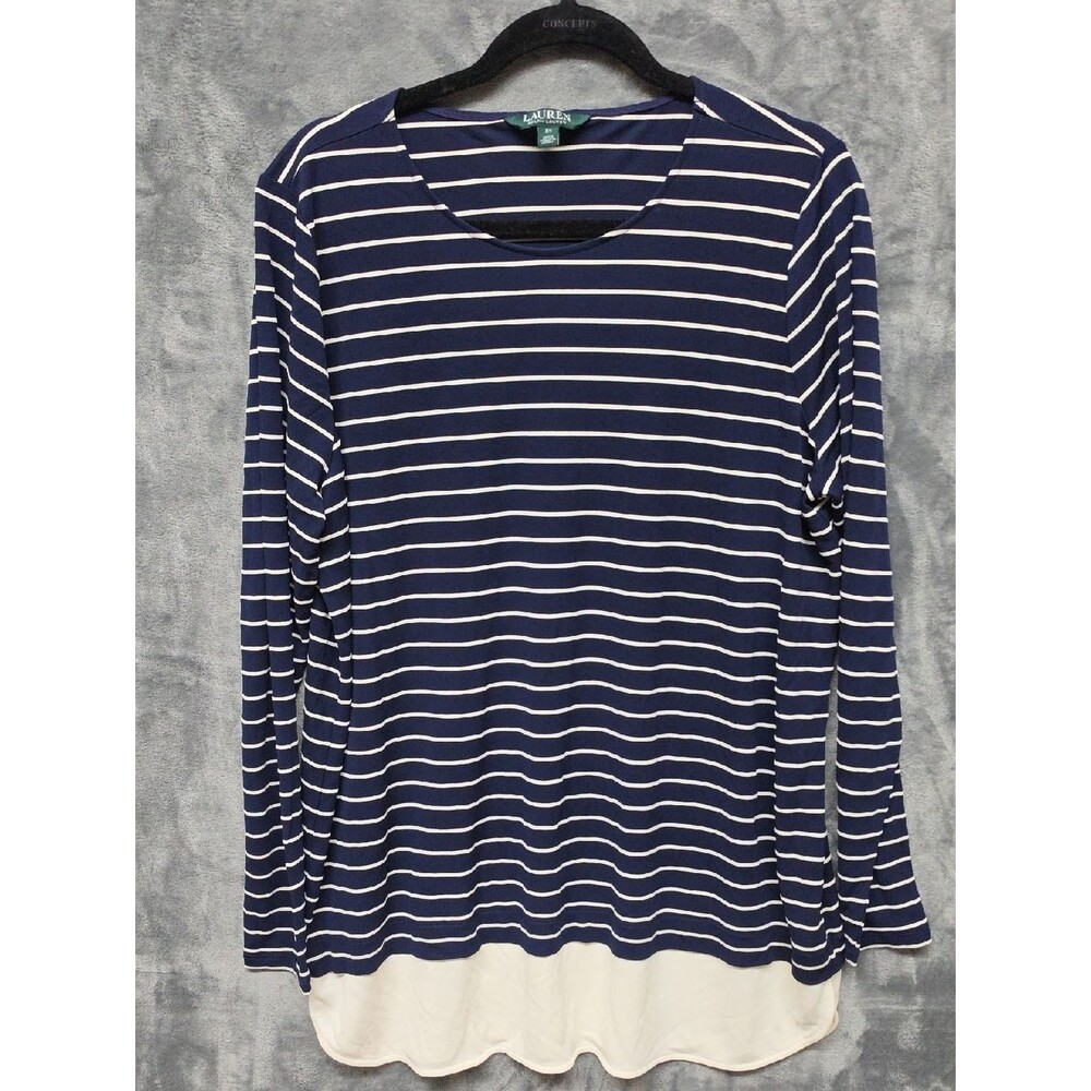 Lauren Ralph Lauren Navy & White Striped Long-Sleeve Tee with Contrast Hem sz 2X